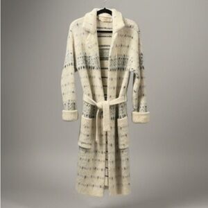 ALAFOSS ICEWOOL Ivory & Brown Virgin Wool Full-Zip Belted Sweater Coat-  Sz S